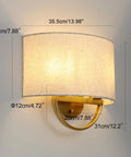 Vintage Linen Fabric Brass Gold Wall Sconce Light for Hallway, Bedroom with fabric shade and gold fixture, size 14in L x 7.88in W.