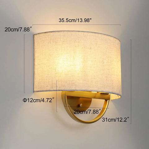 Vintage Linen Fabric Brass Gold Wall Sconce Light for Hallway, Bedroom with fabric shade and gold fixture, size 14in L x 7.88in W.