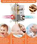 Anti-scald pressure balanced cartridge for brushed nickel shower faucet set with temperature control, showing child, woman, and elderly use.