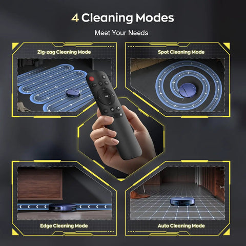 2 In 1 Robot Vacuum And Mop With WiFi And App Control, Ultra Slim Quiet Cleaner showing 4 cleaning modes and remote control