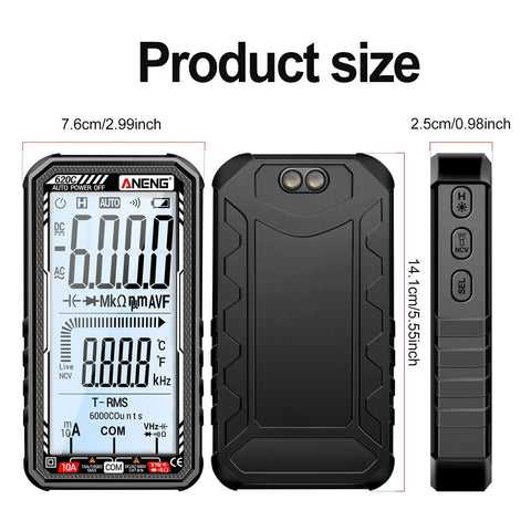 Smart Digital Multimeter With 6000 Counts And Auto Ranging shown in full view, dimensions 14.1x7.6x2.5cm