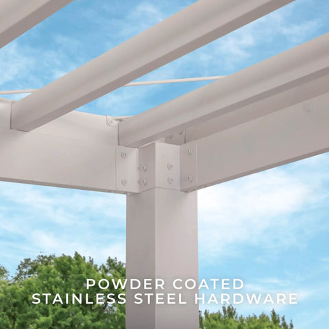 Close-up of Windham 14 Ft by 12 Ft Modern Galvanized Steel Pergola Kit corner joint with powder-coated steel hardware.