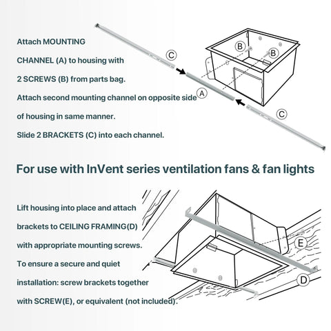 Illustration of Heavy Duty Ventilation Fans Hanger Bar Kit for InVent Series Bath Exhaust Fans with mounting instructions.