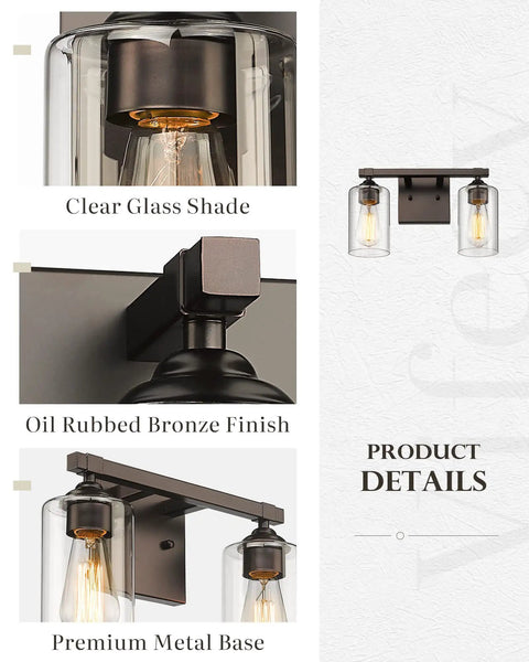 Farmhouse Style Dope Two Light Bathroom Vanity Lights Over Mirror With Clear Glass Shades In Oil Rubbed Bronze Wall Fixture details