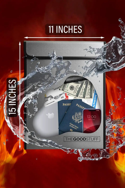 Fireproof Document Bag With 2000 Fahrenheit Rating, Legal Size 15 By 11 Inches, Water And Fire Resistant, showing contents and dimensions.