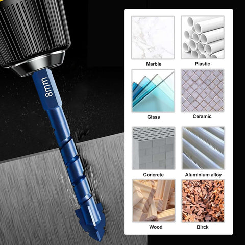 Blue 10-piece Amazon serrated masonry drill bit set with four-flute tips for tile, glass, brick, wood, plastic.