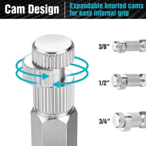 Close-up of knurled cam design in Internal Pipe And Nipple Extractor Set Three Piece Kit with 3/8, 1/2, 3/4 inch sizes.