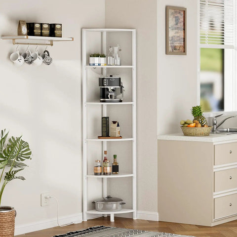 Six Tier Corner Shelf With LED Light, 67.5 Inch Tall White Narrow Bookshelf in a kitchen corner with accessories displayed.