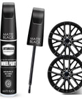 Matte Black Wheel Touch Up Paint Kit for Curb Rash and Scratches with Durable Rim Paint and two alloy rims displayed