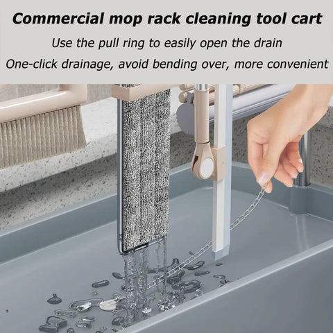 Heavy Duty Floor Mounted Mop Rack And Broom Holder With Stainless Steel Frame And Thick ABS Tray in use with drainage