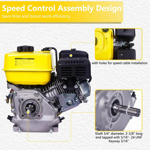 Rugged 7HP 212cc Gas Engine Horizontal Shaft 4-Stroke OHV with Recoil Start, 3/4 Inch Shaft Diameter, 2-3/8 Inch Long, End Tapped 5/16-24 UNF