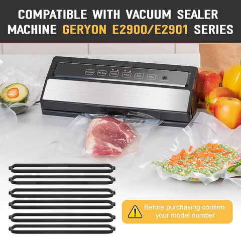 Front view of black vacuum sealer with stainless panel; six rubber gaskets in a 6-pack for GERYON E2900/E2901.