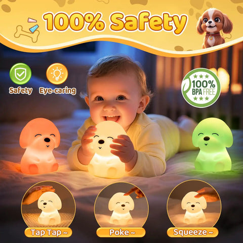 Baby playing with Cute Puppy Night Light For Kids With 16 Colors And Dual Brightness Levels 30 And 60 Minute Timer Soft Silicone Nursery Lamp