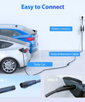 Heavy Duty 21 Foot NACS EV Extension Cord Supports Up To 50A At 240V connecting to a Tesla car with mobile connector.