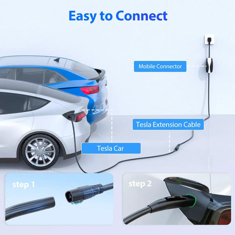 Heavy Duty 21 Foot NACS EV Extension Cord Supports Up To 50A At 240V connecting to a Tesla car with mobile connector.