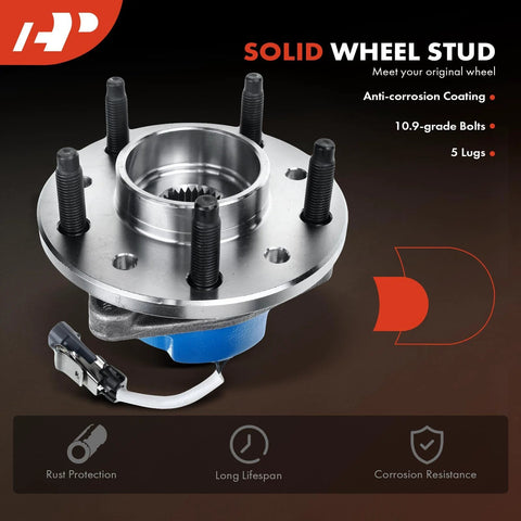 Front Wheel Bearing And Hub Assembly With ABS For 5 Lug Vehicles Compatible With Chevy Malibu 1997 To 2003 shown with bolts and connector