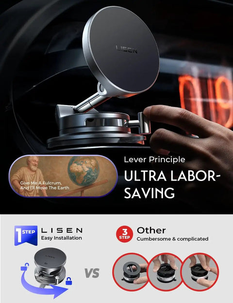 Close-up of MagSafe Car Mount Charger with 15W Wireless Magnetic Phone Holder, showing easy installation and lever principle.