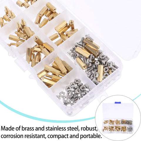 M2.5 Brass Hex Standoff Kit With 180 Pieces In A Handy Box, Copper Threaded Spacers For PCB Mounting, Male Female Hex Nuts, Pro Grade, DIY Electronics, Industrial Fastening. Brass and stainless steel standoffs, screws, and nuts in organizer box