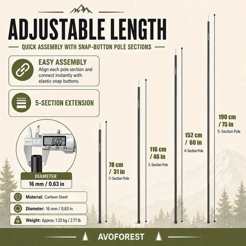 Beefy Heavy Duty Tent Poles for Tarp Adjustable 75 Inch Camping Poles 0.65 Inch Diameter Thick and Durable, length scale shown.