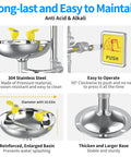 Heavy Duty Combination Emergency Eye Wash Shower Station Forged From Bonafide 304 Stainless Steel For Workplace Safety wall mounted basin with push valves.