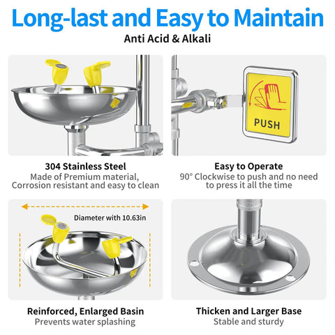 Heavy Duty Combination Emergency Eye Wash Shower Station Forged From Bonafide 304 Stainless Steel For Workplace Safety wall mounted basin with push valves.