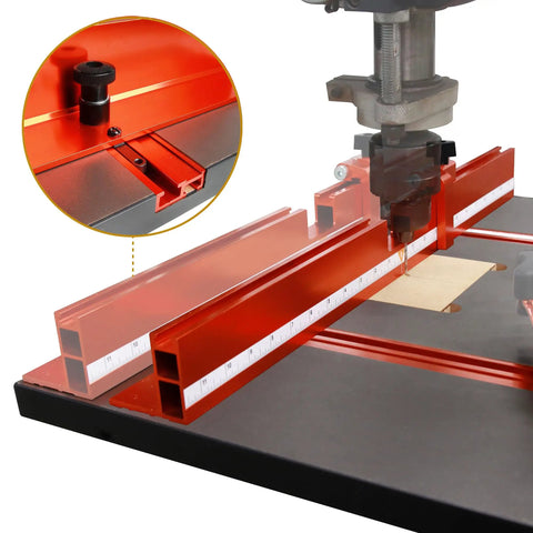 Drill Press Table With Adjustable Aluminum Fence, Flip Stop, And Replaceable Insert for 12 Inch And Larger Drills in use