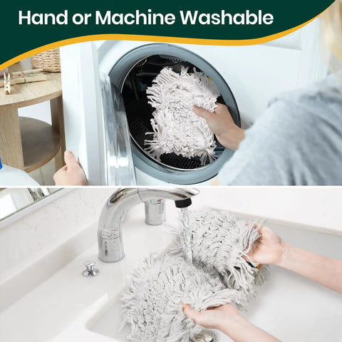 Hands placing a 36 Inch Commercial Dust Mop With Two Replacement Pads And 60 Inch Handle in a washing machine and rinsing it in the sink.
