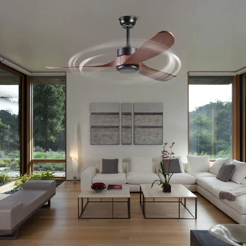52 Inch Outdoor Ceiling Fan Without Light With 3 Solid Wood Blades, Remote Control, Walnut Wood Finish in stylish living room