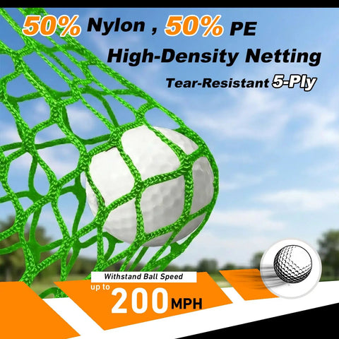 Close-up of 5-ply high-density netting with golf ball for heavy duty 1 inch steel frame golf driving cage net for backyard garage setup.