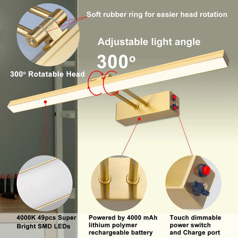 Rechargeable Picture Light With Remote And Timer For Wall Photo Frames 17 Inch LED Display Lamp Rotatable Head 150 Degree