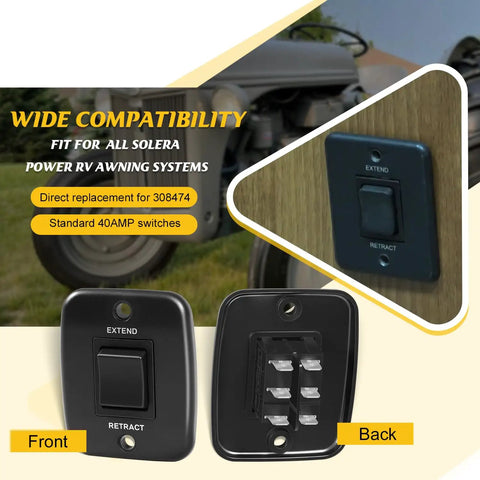 40 Amp RV Awning Interior Switch Kit With Plate Replacement For Solera Power Awnings shown with front and back views
