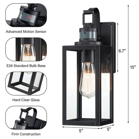 Smart Motion Sensor Outdoor Wall Lantern Dusk To Dawn Sconce in Matte Black with Clear Glass, waterproof for garage entryways, ETL listed