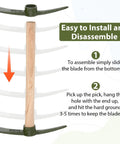 Easy assembly instructions for Eight Piece 14 Inch Heavy Duty Forged Garden Pick Axe Set With Non Slip Handles, showing blade installation.