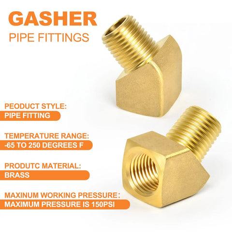 Two Pack 45 Degree Street Elbow Brass Pipe Fittings Half Inch NPT Female To Half Inch NPT Male for plumbing, image front view