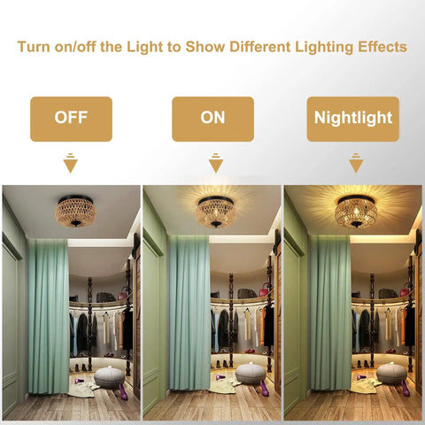 Three Light Woven Rattan Flush Mount Ceiling Light Fixture With Handwoven Cage Shade For Bedroom Kitchen Foyer Porch 360 Degree Light And Shadow Natural Warmth Modern Cozy Vibe showcasing different lighting effects in closet.