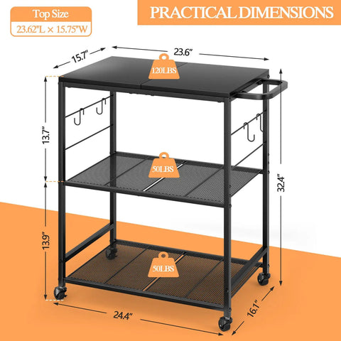 Outdoor Grill Cart With 3 Tier BBQ Prep Table On Wheels, 23.62 x 15.75 inch rust-resistant top, side view with dimensions