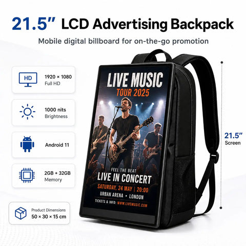 Snag This Badass 21.5 Inch LCD Video Advertising Backpack For Top Tier Digital Signage showing concert promotion on mobile screen.