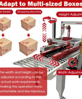 Image of Automatic Carton Sealer And Strapping Machine For Shipping Boxes showing adjustable height and width for multi-sized boxes.