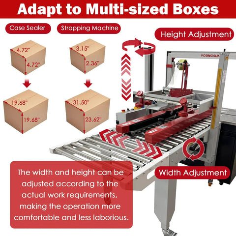 Image of Automatic Carton Sealer And Strapping Machine For Shipping Boxes showing adjustable height and width for multi-sized boxes.