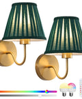 EIDISUNY Battery Operated Wall Sconces, Rattan Wall Sconce Set of 2 with RGB Rechargeable Dimmable Bulbs, Gold finish with green shades.