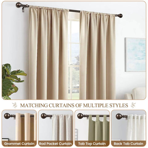 Bronze Adjustable Curtain Rod Set for Windows 32 to 144 Inches with beige curtains and round finials in living room.