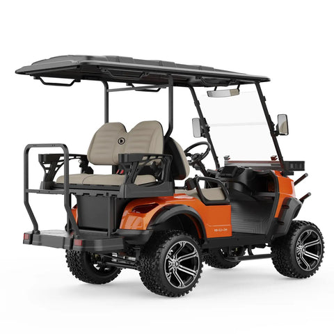 Heavy Duty Four Passenger Electric Shuttle Golf Cart With Ip67 Waterproof Frame and six wheels, vivid orange color for city rides.