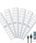 Stick Anywhere Closet Light Kit With Motion Sensor 6 Pack 30 LED Dimmer Under Cabinet Lights Rechargeable Night Safe Lighting For Wardrobe And Kitchen Easy Brightness Control And Timed Modes displayed with USB cables and remote control