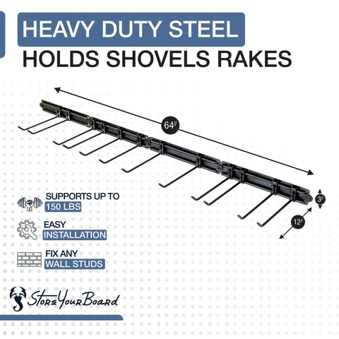 Top view of Beefy Heavy Duty Garage Tool Organizer Wall Mount With Broom Holder And Tool Racks 64 Inch Wall Storage System.