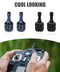 4pc Detachable Aluminum Alloy Drone Joystick Sticks Replacement Set For Mini 3 Pro, Mini 4 Pro, Air 3, Mavic 3 Pro RC Controllers And RC 2, Blue And Black Dual Color Pack, Lightweight 2.7g Each, Easy Install displayed above a remote controller.
