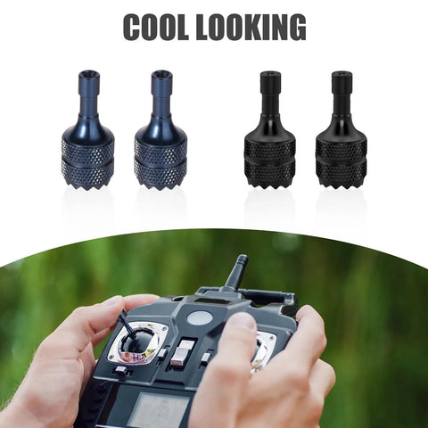 4pc Detachable Aluminum Alloy Drone Joystick Sticks Replacement Set For Mini 3 Pro, Mini 4 Pro, Air 3, Mavic 3 Pro RC Controllers And RC 2, Blue And Black Dual Color Pack, Lightweight 2.7g Each, Easy Install displayed above a remote controller.