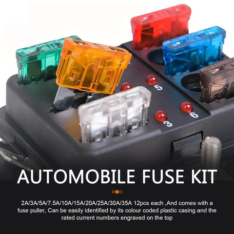 Hella Reliable 120 Piece Mini Blade Automotive Fuse Assortment Kit With Bright Color Coding showing fuses in a storage case.