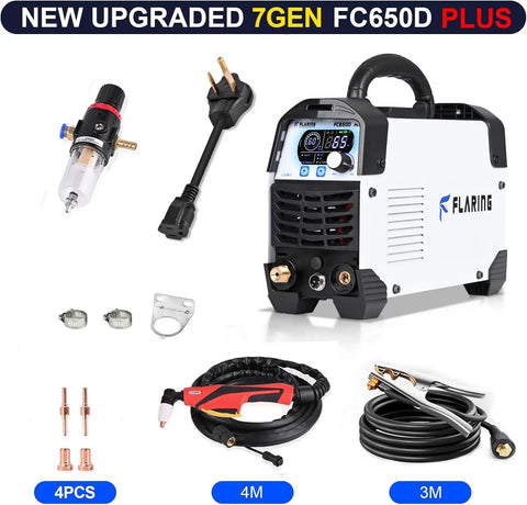 65 Amp Touch Arc Plasma Cutter Pro Grade Beast with dual voltage, digital display, and accessories, ideal for metal fabrication.
