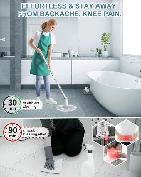Person using Cordless Spin Scrub With 600 RPM Power, Adjustable Long Handle, 5 Replaceable Brush Heads on bathroom floor