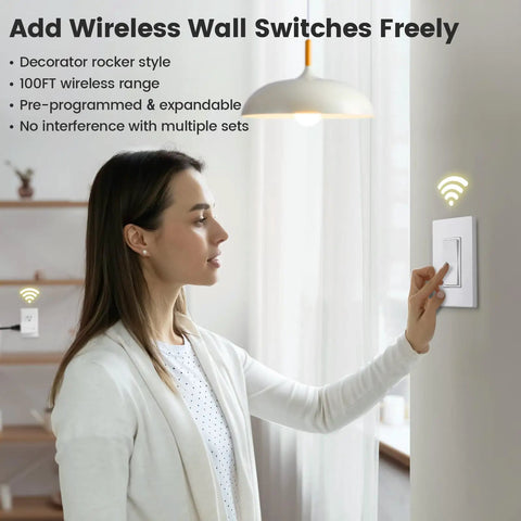Woman using Wireless Wall Switch Kit With Remote Outlet Control Decorator Rocker For Plug In Pendant Lights And Small Appliances 15 Amp 100 Ft RF Range No Wiring No WiFi Makes It Easy To Add A Wall Switch Anywhere on wall, wireless symbols shown